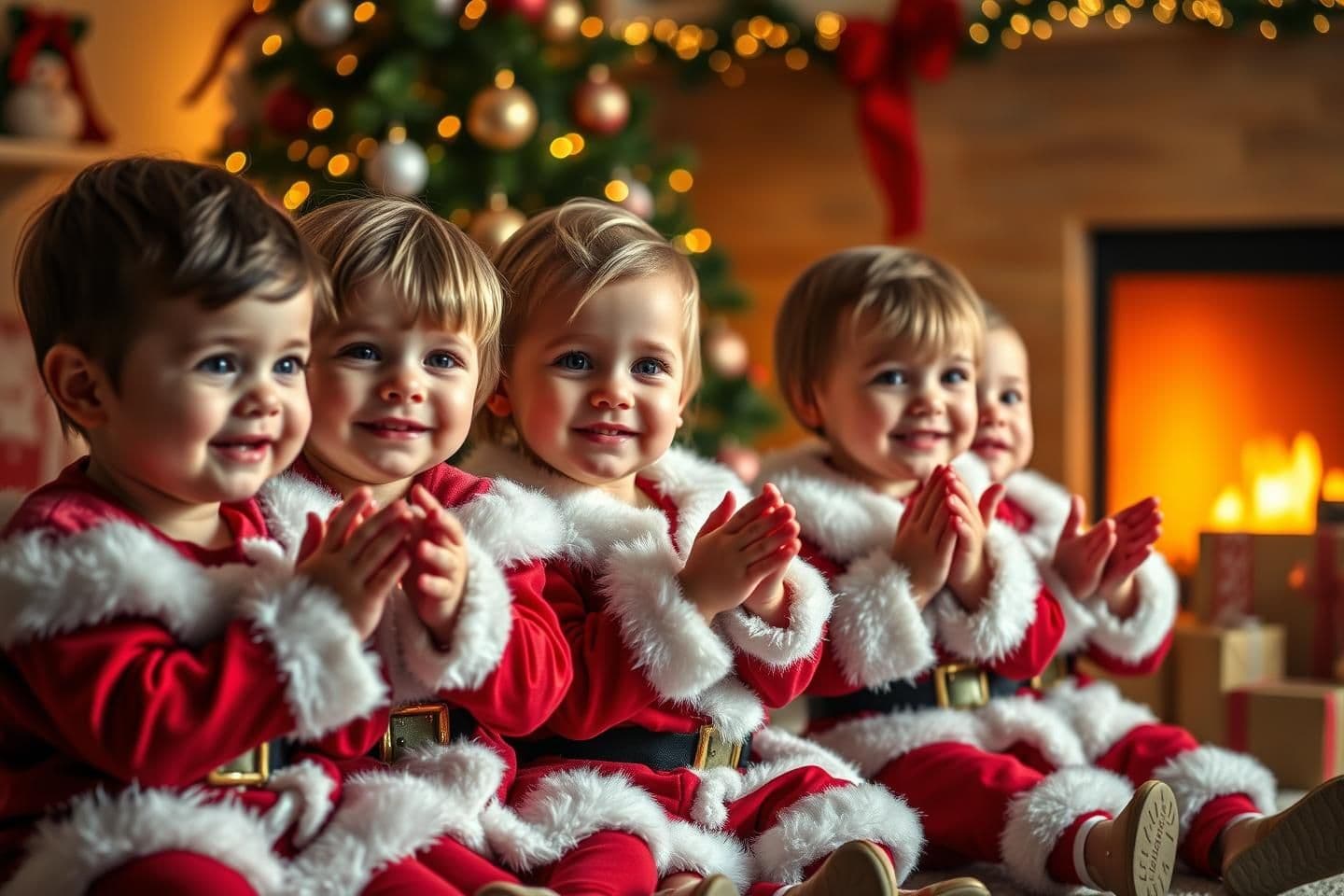AI generated: super cute realistic toddlers wearing santa costumes, sitting together in a row, clapping hands, big happy smiles, soft studio lighting, christmas tree and gifts in background, war