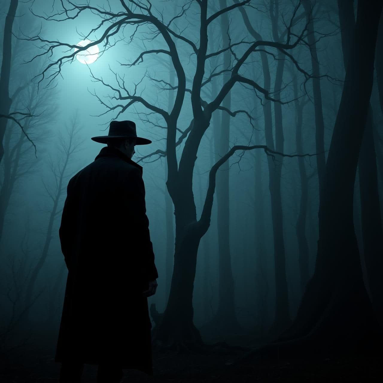 AI generated: A mysterious, terrifying man in a long black coat and black cowboy hat, standing far away beside a dead tree in a foggy, abandoned forest. He faces forward with an eerie, unsettlin