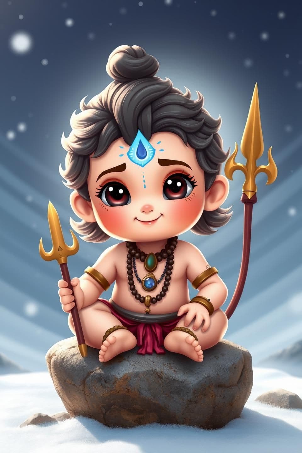 AI generated: See new posts
Create an ultra-cute child version of Lord Shiva (Bal Shiva). A small divine boy with big expressive eyes, soft innocent smile, tiny trishul, small blue aura, little