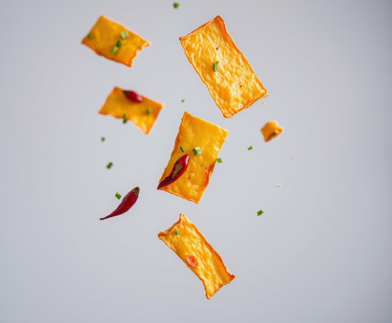 AI generated: "A photograph of beatroot chips floating against a light grey background. The chips should be rectangular, showcasing various shades of lightly and deeply toasted color to emphasiz