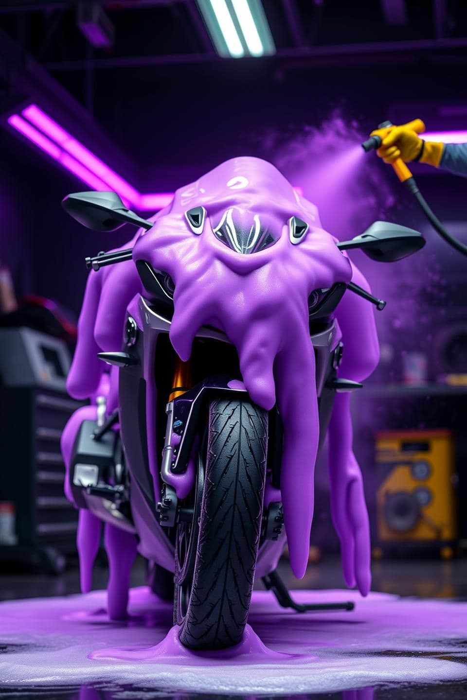 AI generated: "A hyper-realistic, high-contrast vertical banner image (9:16 aspect ratio) for a motorcycle service center promotion. The focus is a modern sport-bike or premium commuter bike com