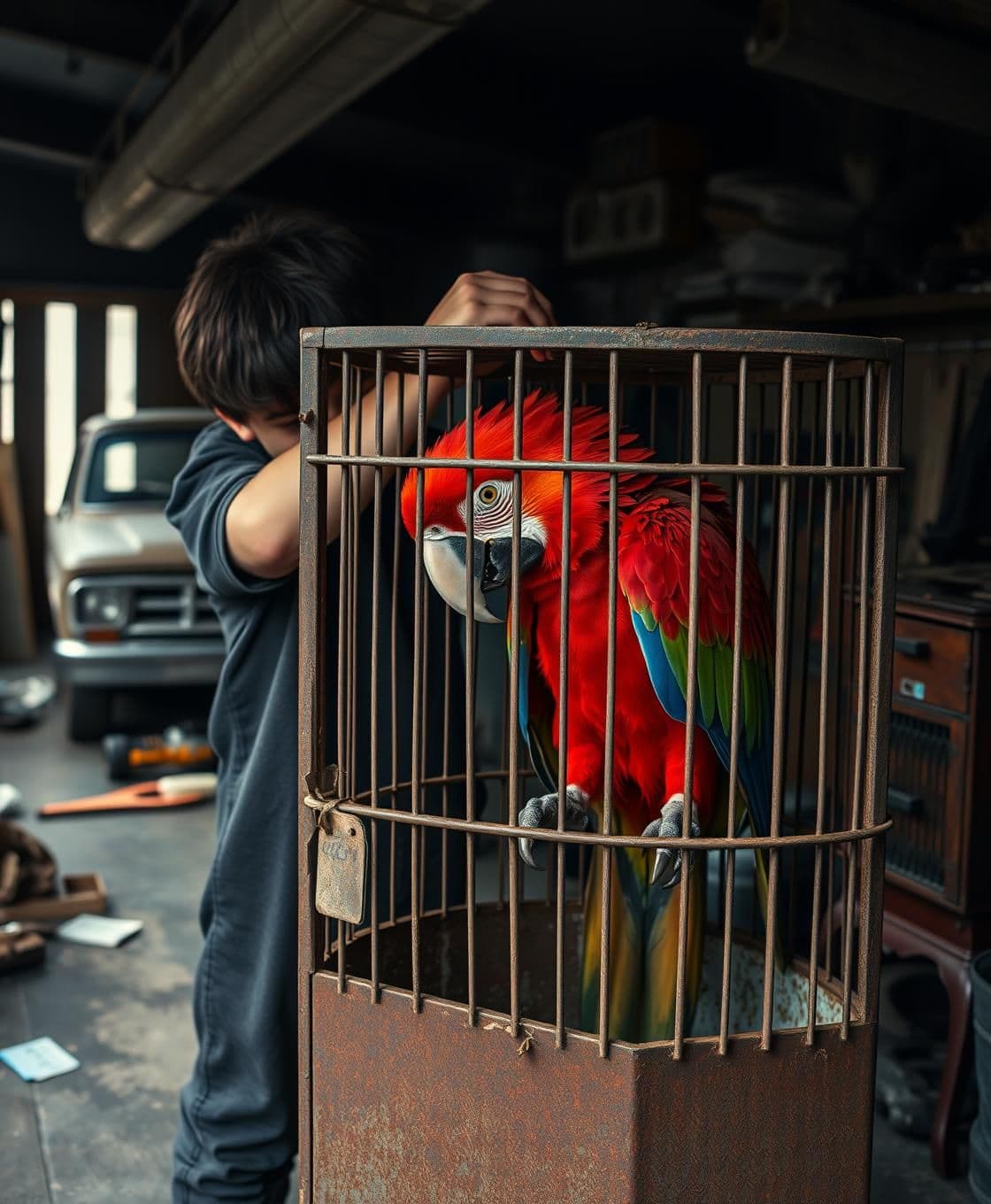 AI generated: The teenage boy coldly placing the terrified, enormous scarlet macaw into a small rusty cage, her brilliant feathers pressed against the bars, his face emotionless, set in a dark m