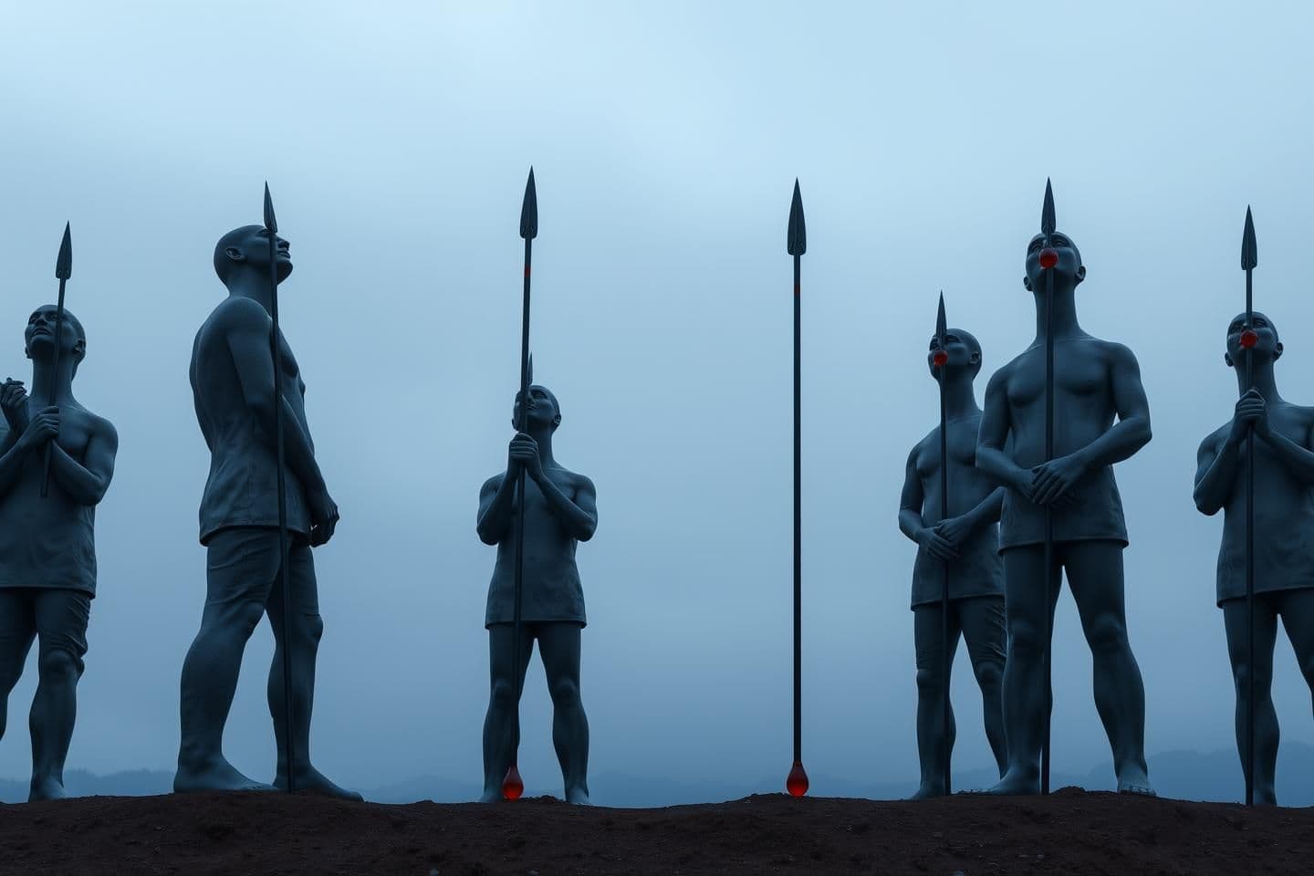 AI generated: Hyper-realistic view of a historical statue in daylight at dusk. Several life-size statues stand upright, their hands clasped behind their backs with spears slightly above the gro