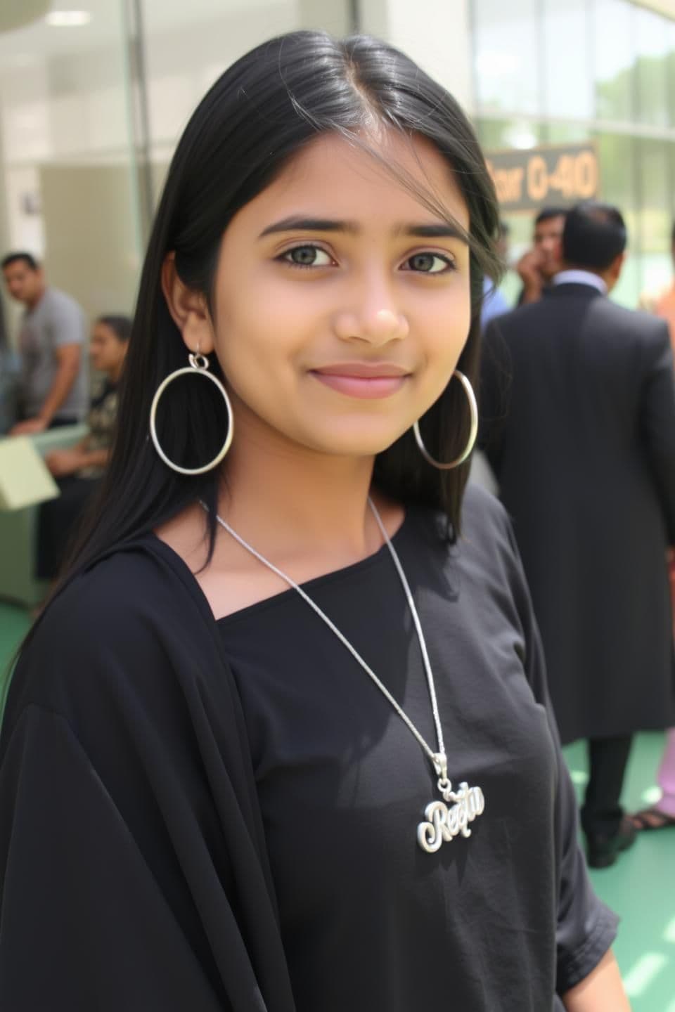 AI generated: A young Indian woman, likely in her early fourteens , is the main subject. She is wearing large silver earrings. Her dark hair is long and straight. She has fair skin, and a subtle