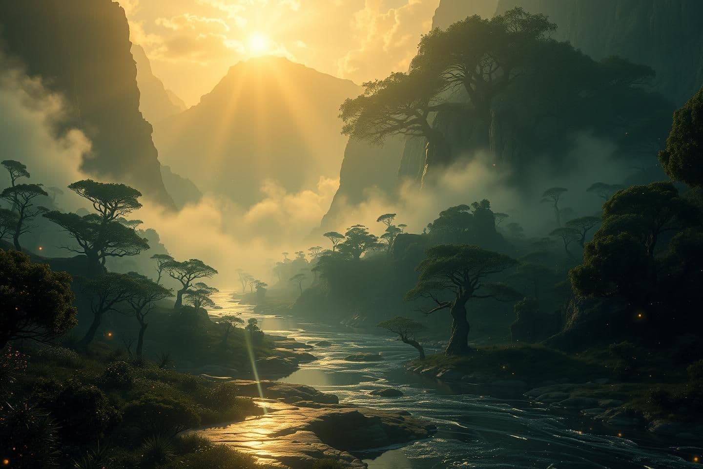 AI generated: Ultra 8K, hyper-realistic cinematic landscape of a mystical valley glowing with floating lights, ancient giant trees, silver mist, crystal river reflecting golden sunrise, magical