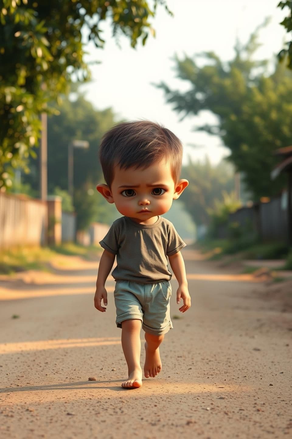 AI generated: A hyper-realistic stylized scene of a small child with an exaggerated large head and a slightly mature face, walking barefoot on a dusty village road. The child is wearing simple
