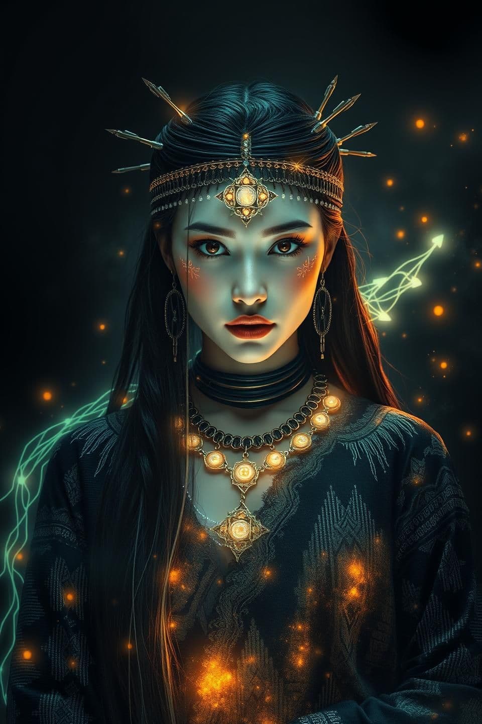 AI generated: mystical fashion female model traditional tribal outfit in fusion with, A professional digital for a profile photo, electronic lines, and glowing binary patterns, symbolizing the