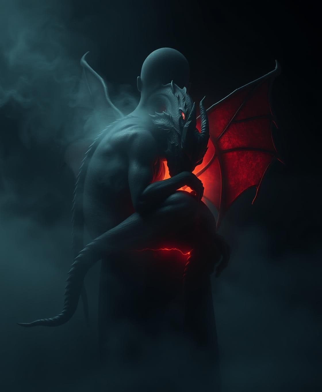 AI generated: Visualize a dormant giant demon curled inside the human soul like a shadow titan, faint heartbeat-like pulses illuminating its smoky form. The human appears normal on the outside,