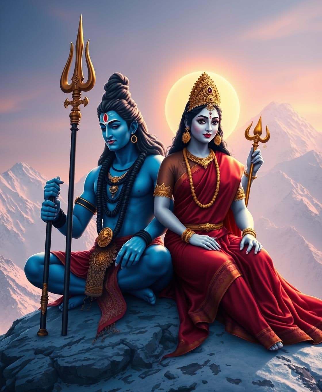 AI generated: Lord Mahadev and Goddess Parvati sitting together on Mount Kailash,
Shiva with trident and crescent moon, blue skin, calm expression,
Parvati in red silk saree with golden jewelr