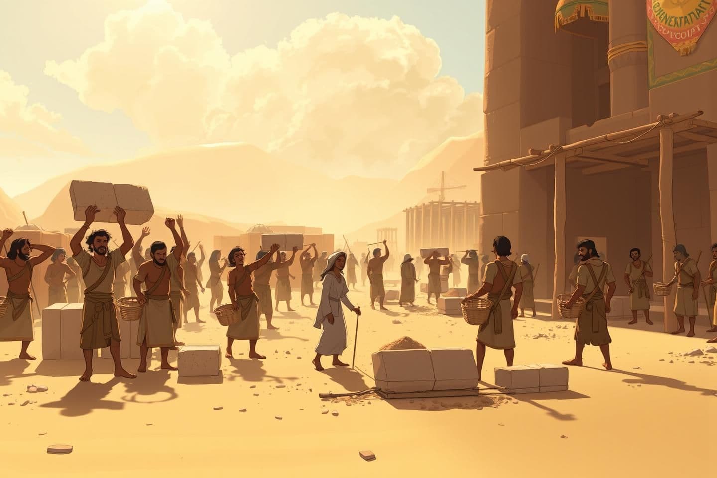 AI generated: নিচে **updated long + detailed + Prince of Egypt–style hand-drawn animation + no standing idle workers + emotional wide shot** — সব মিলিয়ে ঠিক মতো সাজানো **final prompt** দেওয়া হলো