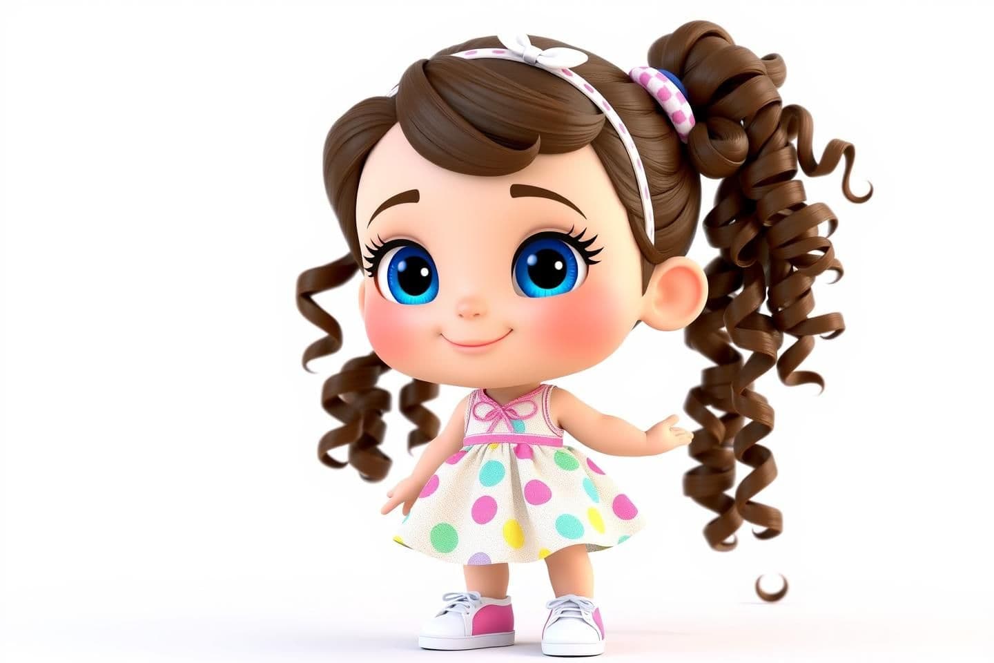 AI generated: A beautiful 3D little girl character, with long curly brown hair and a cute hairband, wearing a colorful frock, big blue eyes, sweet smile, wearing small sneakers, standing happily