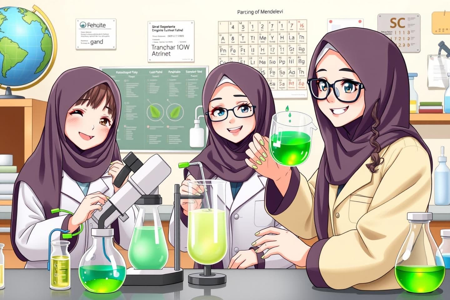 AI generated: Three female students wearing school hijabs and school coats in a science laboratory, smiling happily. The student on the right has curly hair partially visible from her hijab, gla