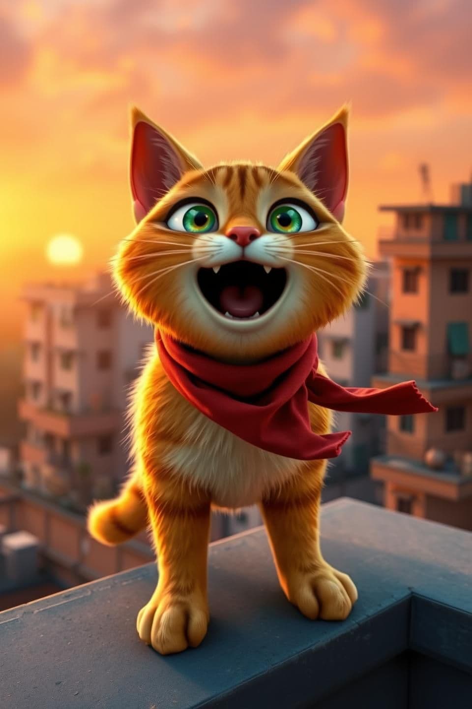 AI generated: A chubby orange tabby cat with big green eyes standing on a rooftop ledge, shouting dramatically with mouth wide open, red scarf around neck, sunset sky, Indian urban buildings in