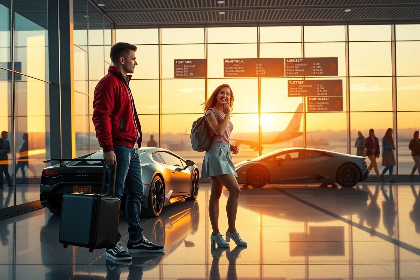 AI generated: 3D ultra-realistic 4K cinematic render of Jack and Julie standing together at a modern international airport, preparing for a journey.
Jack is a tall, medium-muscular young man we
