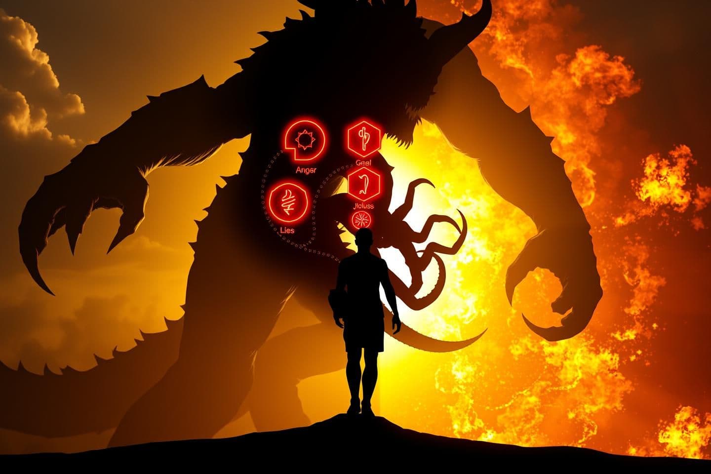 AI generated: The scene shifts from the giant demon to a powerful symbolic reveal: the monstrous Kaliyug demon is shown growing from within a human silhouette. A human figure stands in the foreg