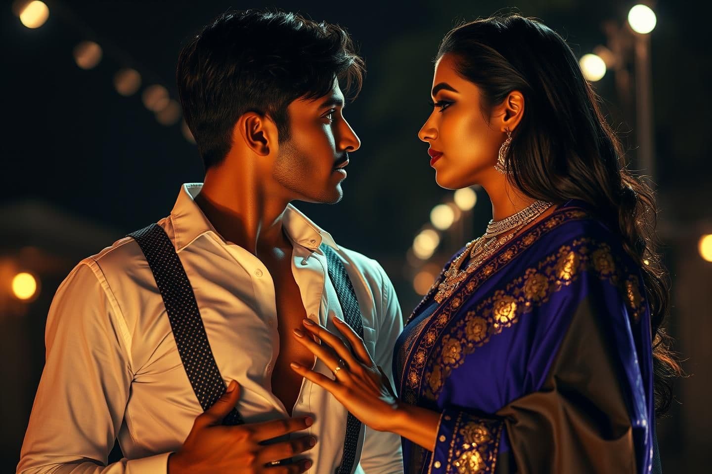 AI generated: Subject: A cinematic, ultra-realistic night portrait of a stunning Indian couple, identical to reference features, locked in a gaze of consuming, primal devotion. The atmosphere i