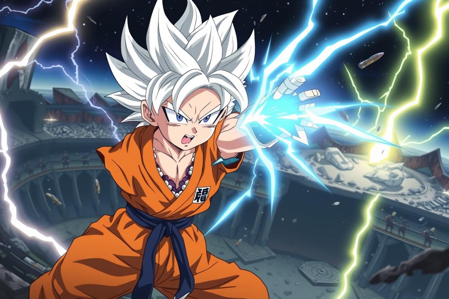 AI generated: Young anime warrior inspired by child Goku with silver hair and glowing eyes being injured, wearing a torn orange gi, The warrior’s silver-blue aura flares violently, and the backg