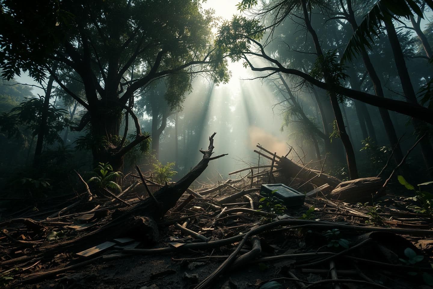 AI generated: A chaotic and destroyed jungle during the day, with no people in the scene. The forest is in ruins: broken trees, fallen branches, scattered debris, and dust floating in the air. S