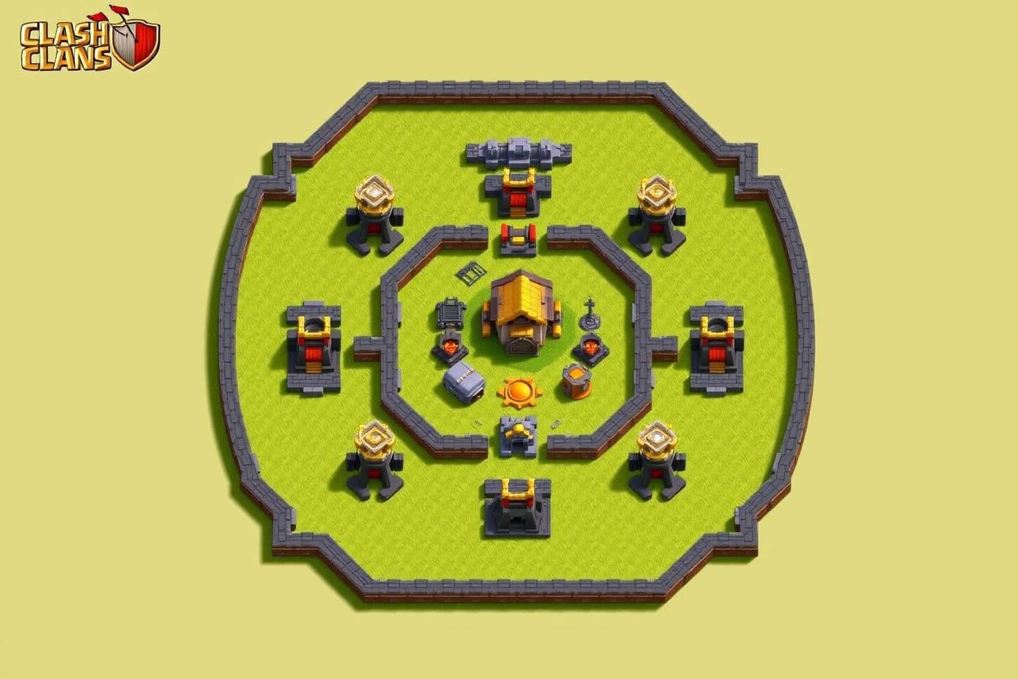 AI generated: Clash of Clans Town Hall 13 anti-2-star war base layout, top-down view, Town Hall in the center, Eagle Artillery and Clan Castle near the core, three Inferno Towers in triangle for