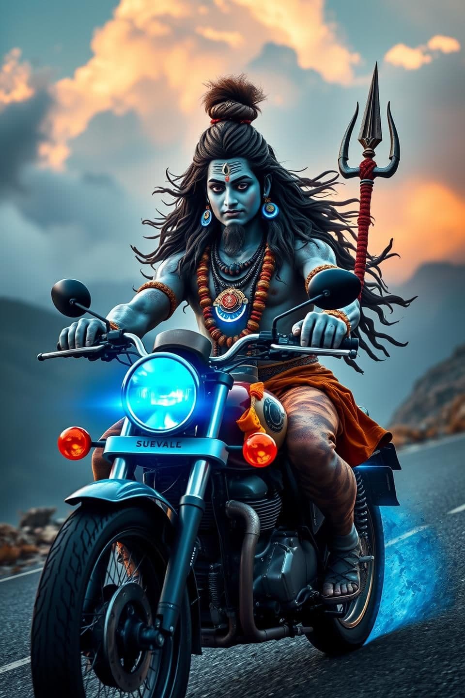 AI generated: Lord Shiva (Mahadev) riding a Royal Enfield Bullet motorcycle, divine and powerful appearance, ash-smeared body, long flowing hair, crescent moon on head, glowing third eye, blue t
