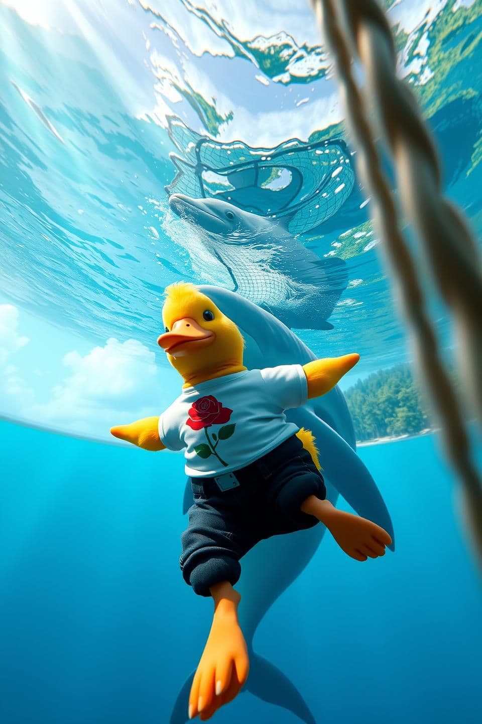 AI generated: A cute, handsome yellow duck wearing a white T-shirt with a red rose print, black jeans, and waterproof shoes is swimming underwater toward a huge dolphin trapped in a fishing net.
