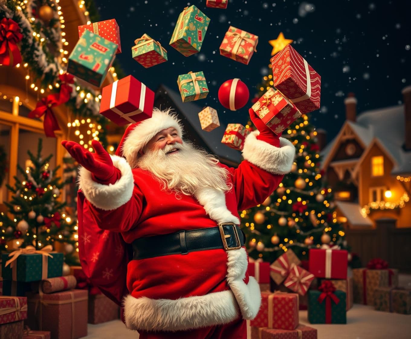 AI generated: A festive Christmas scene showing Santa Claus in his classic red suit joyfully spreading and tossing wrapped gifts around him. Colorful present boxes fly through the air as Santa l