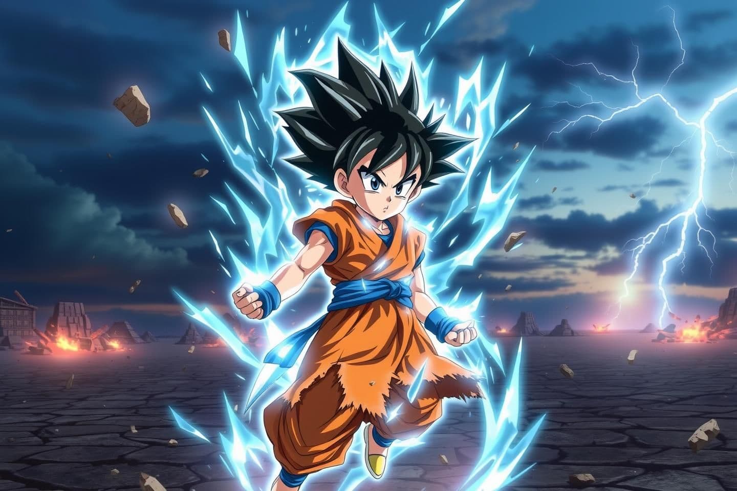 AI generated: A young warrior resembling Goten, with spiky black hair and youthful features, surrounded by a shimmering silver-blue aura. His eyes glow faintly with instinctive power, and his st