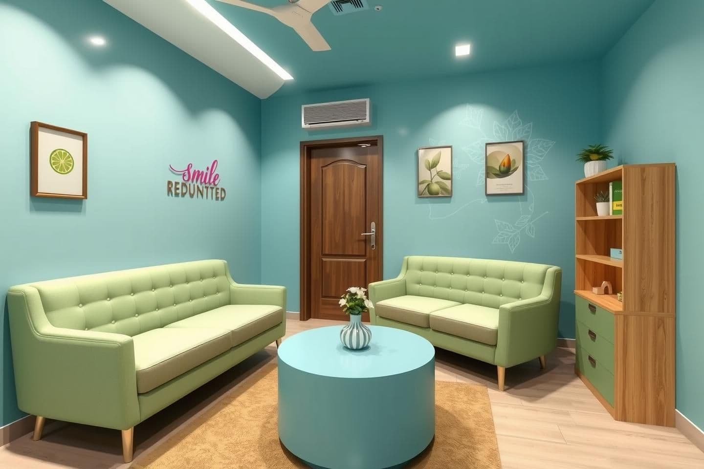AI generated: Design attractive premium waiting area for the 60 sq ft (10×6) of dental clinic Target is premium aspirational and kids. Colours to be used are pastel blue and green. Name of clini