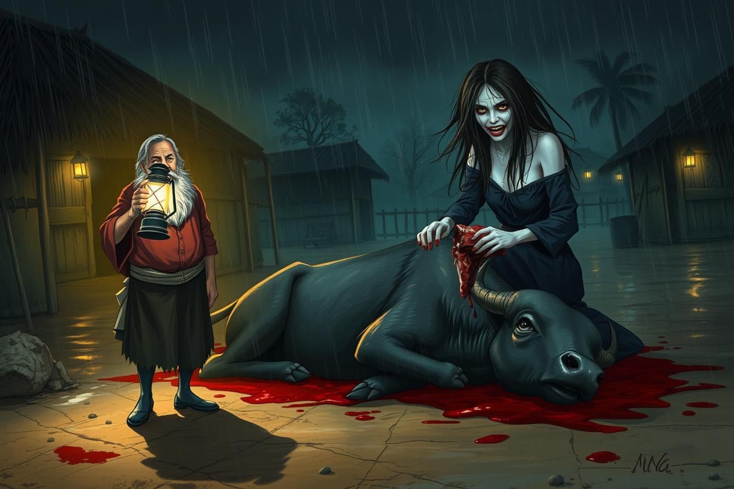 AI generated: “Create a dark horror illustration set in a small rural village at night during rainfall. The atmosphere is eerie, with dim lantern lights glowing from mud houses and wet ground re
