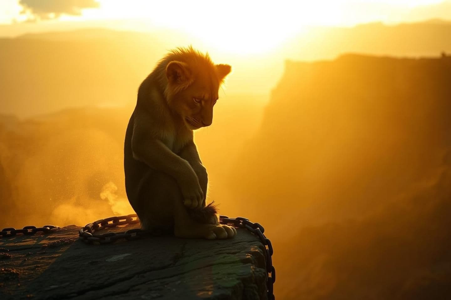 AI generated: “Emotional cinematic shot. A young lion sits alone on a windy cliff edge during sunset, head lowered with regret. Old rusty chains locked around his paws. Camera slow dolly-in from