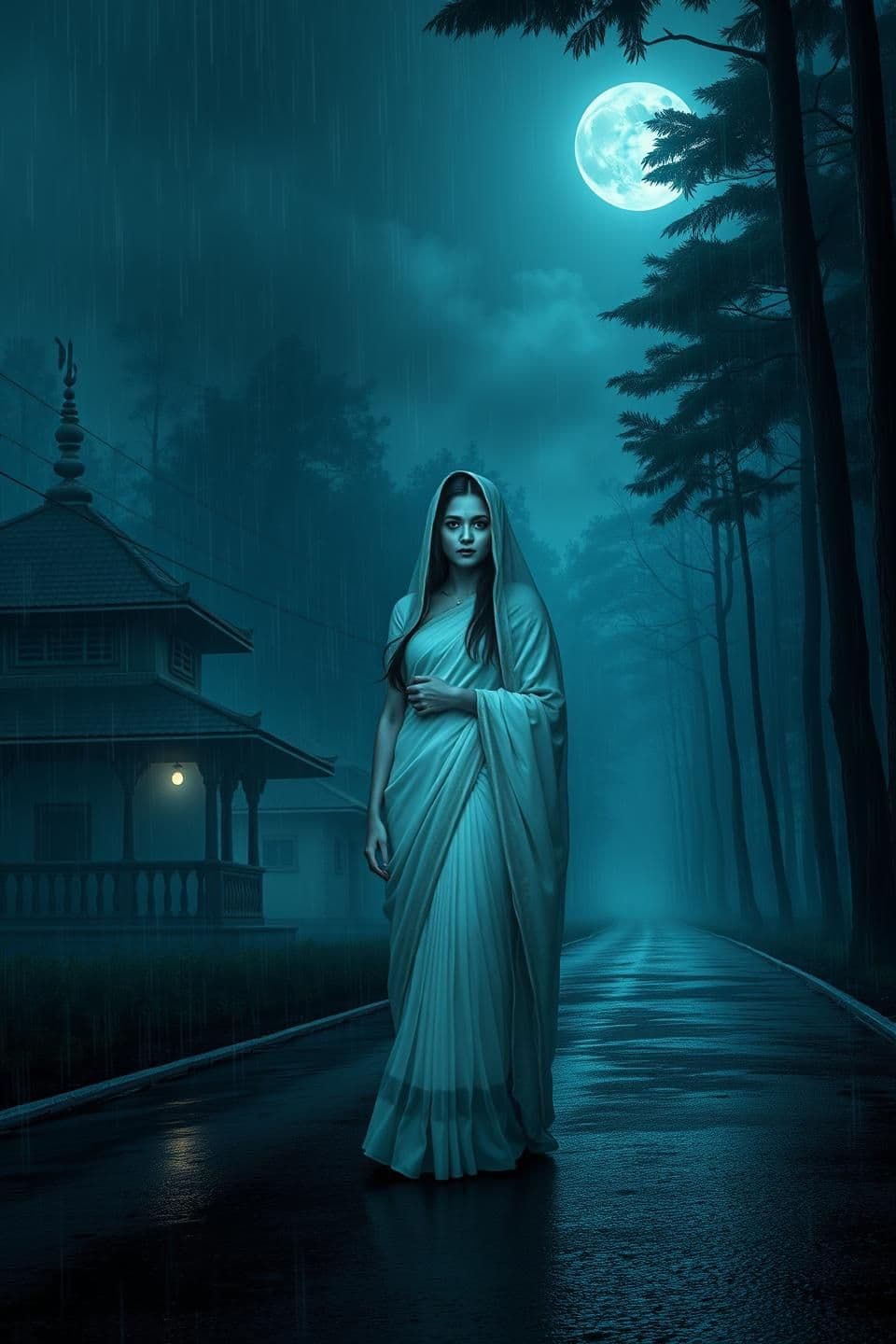 AI generated: “Create a soft, less-scary 16:9 horror thumbnail set on a rainy forest road at night. The background combines a quiet village temple on the left side and a moonlit forest with tall