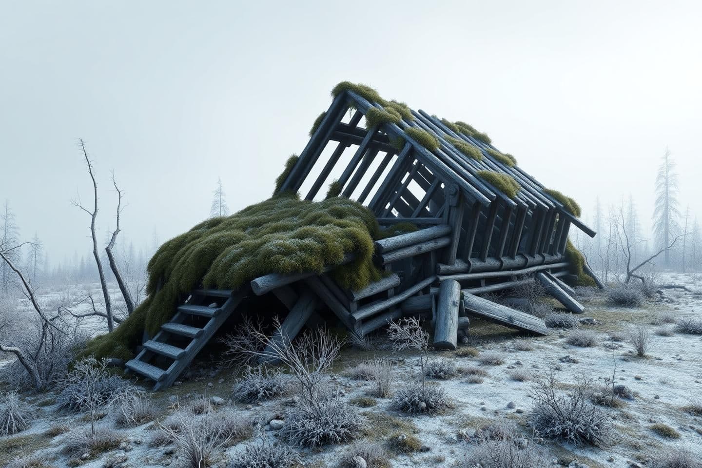 AI generated: A highly stylized 3D render of a remote, overgrown structure half-sunken into northern wilderness, its collapsed roof barely visible under moss and frost, with no characters presen