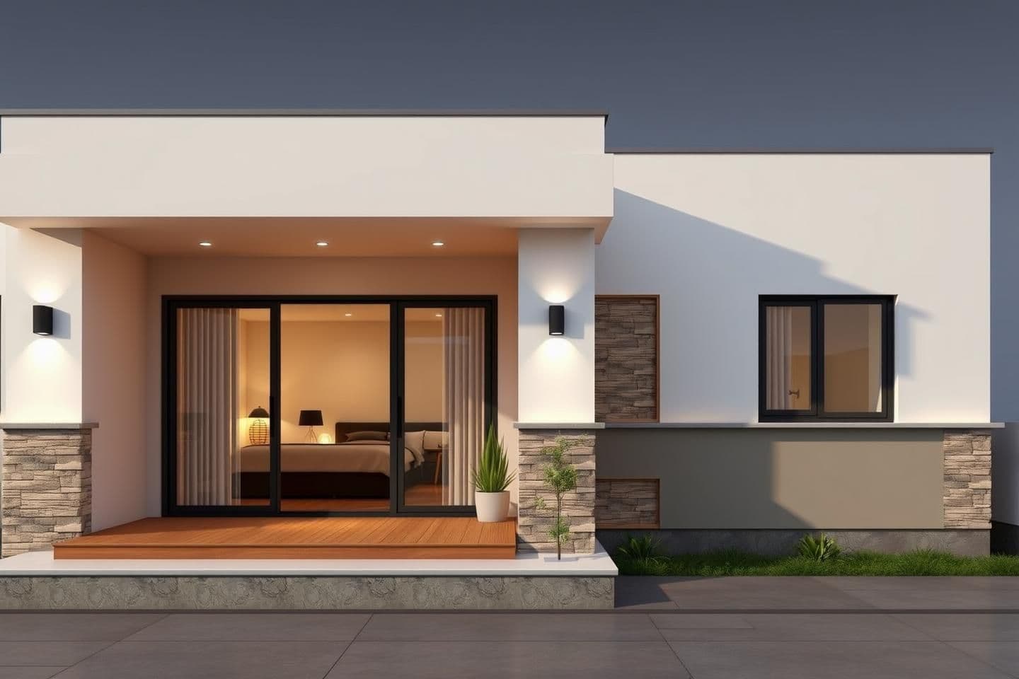 AI generated: 3D rendering of the front exterior of a modern 3-bedroom north-facing compact house on a 3-cent plot. Show the porch, sliding glass doors and windows, warm wood and stone accents,