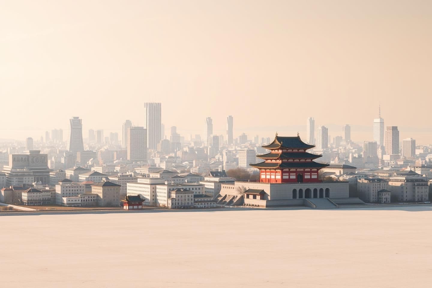 AI generated: Make an image of a massive city in a vast salt flat. This city should have modern buildings with slight hints of traditional Japanese architecture. Make sure it is lively and has a