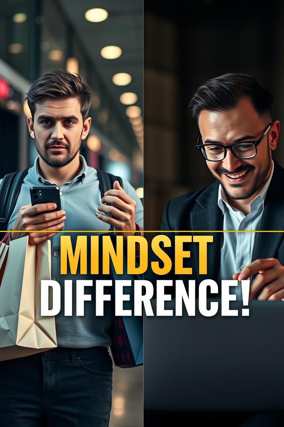 AI generated: split screen scene showing two men:
left side a middle-class man wearing casual clothes, holding shopping bags and a new phone, looking proud but tired;
right side a confident ric