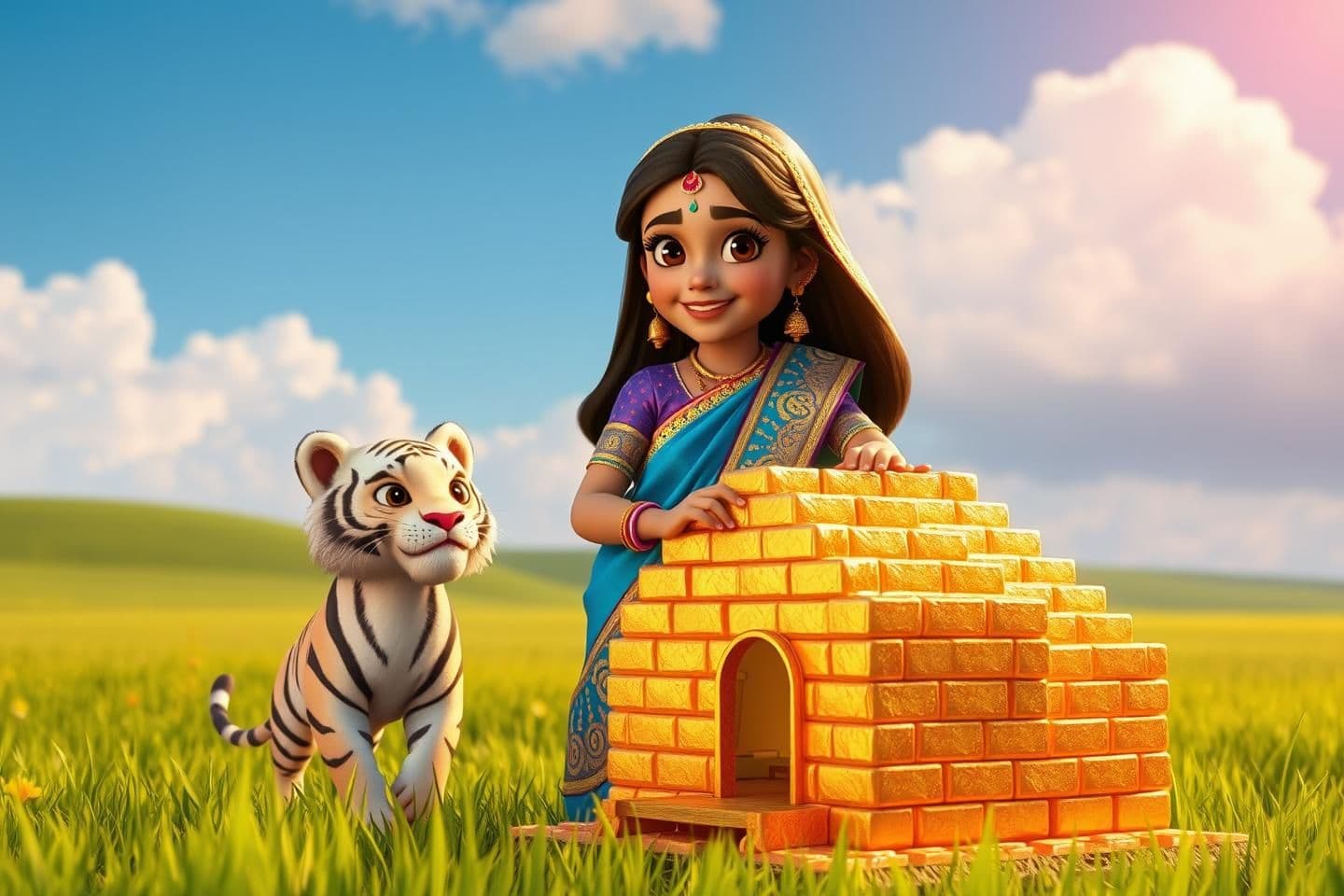 AI generated: “A beautiful Indian girl wearing a bright blue saree with golden embroidery, smiling while building a small house made entirely of shiny gold bricks in an open green field. The sce