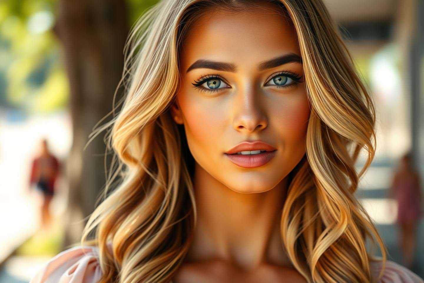 AI generated: Generate an image of A beautiful young American/Indian woman with fair skin, soft natural makeup, and bright expressive eyes. She has silky blonde hair styled in loose waves that f