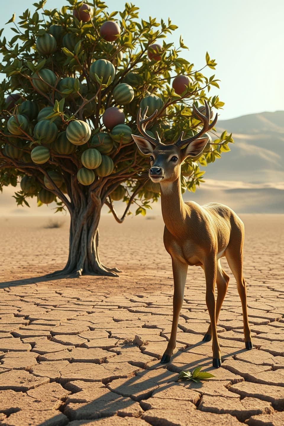 AI generated: Ultra HD 4K, Hyper-Realistic, 3D Rendered Cinematic Shot.
A huge watermelon tree stands in the middle of the dry cracked desert ground,
but now the tree has no watermelons left — e