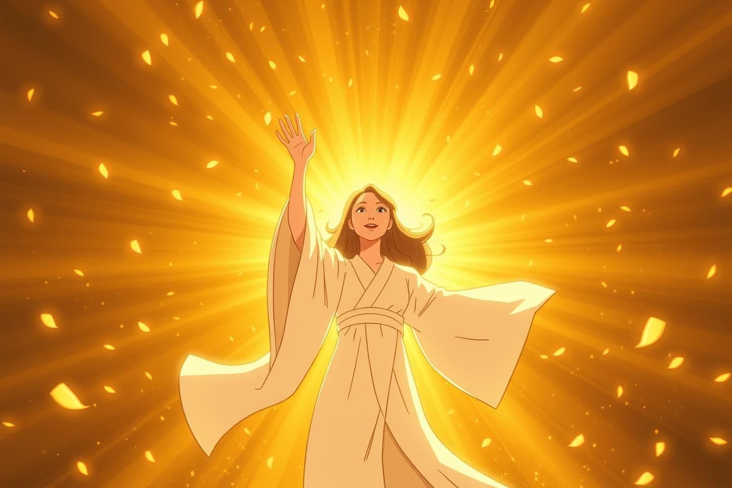 AI generated: Frame 4 – Chorus Burst (0:23–0:30)
Dynamic wide shot: she raises her hand as golden light erupts around her. Her robe flares gracefully; petals and light fragments swirl. Warm gol