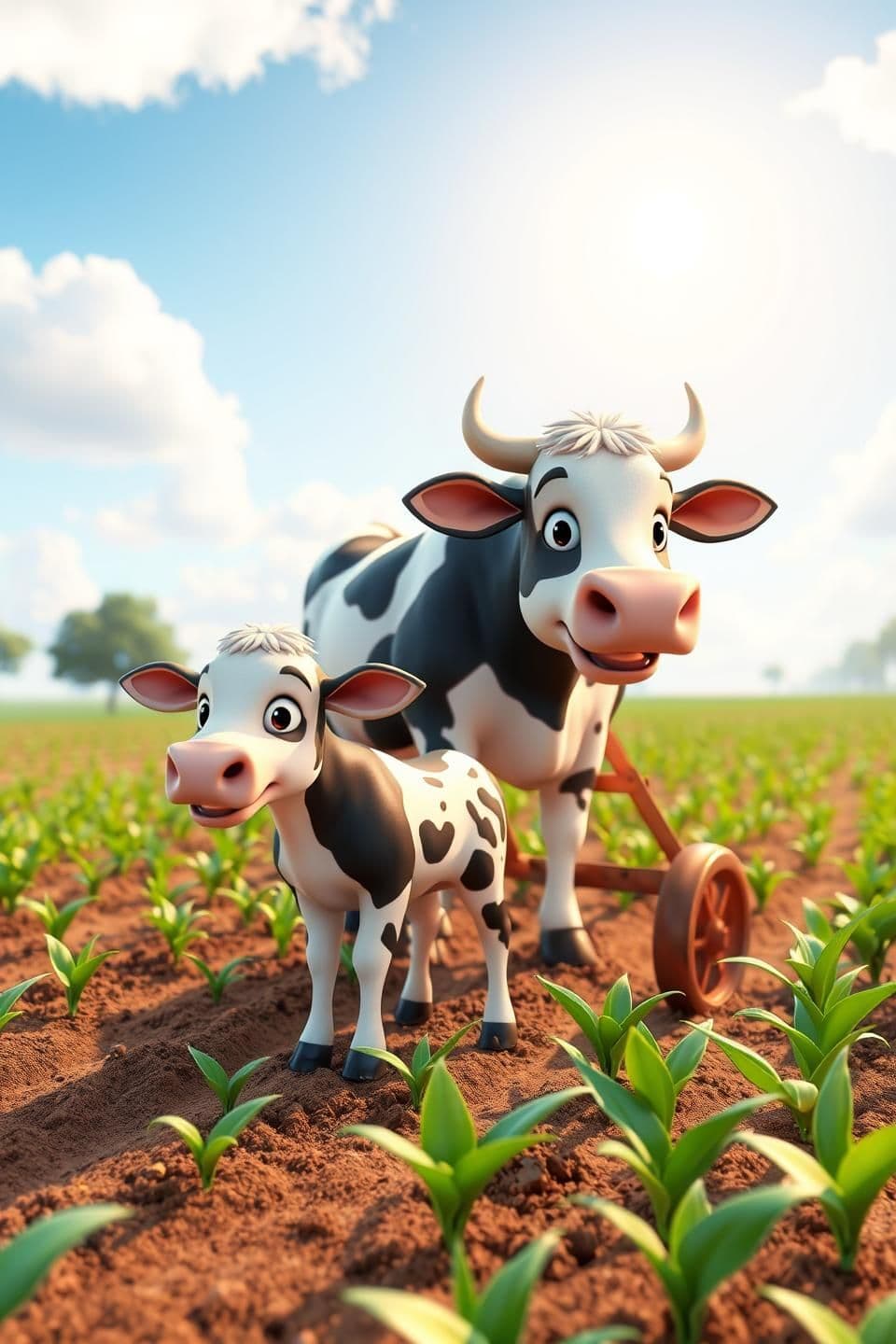 AI generated: A cow and its calf plowing a cornfield under a bright sunny sky, both looking healthy and happy. The calf is small and curious, the cow is strong and caring. The field is lush with