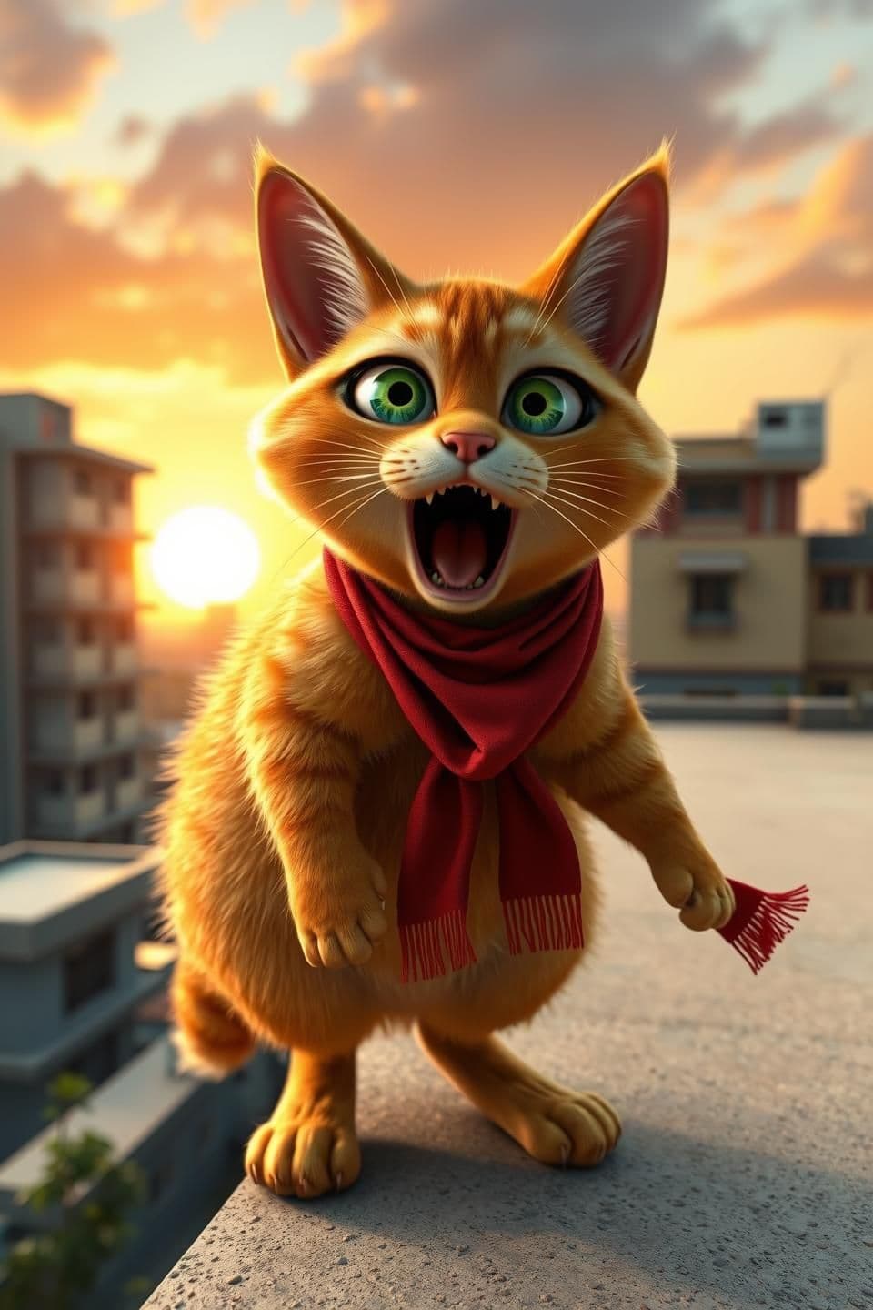 AI generated: A chubby orange tabby cat with big green eyes standing on a rooftop ledge, shouting dramatically with mouth wide open, red scarf around neck, sunset sky, Indian urban buildings in