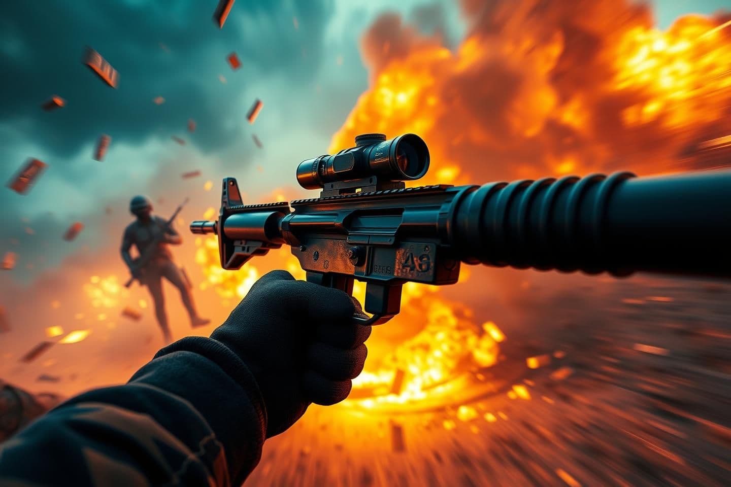 AI generated: Ultra-realistic PUBG PC FPS scene, first-person view holding an M416 with red-dot sight, high detail gloves, intense battleground environment, flying debris, motion blur for action