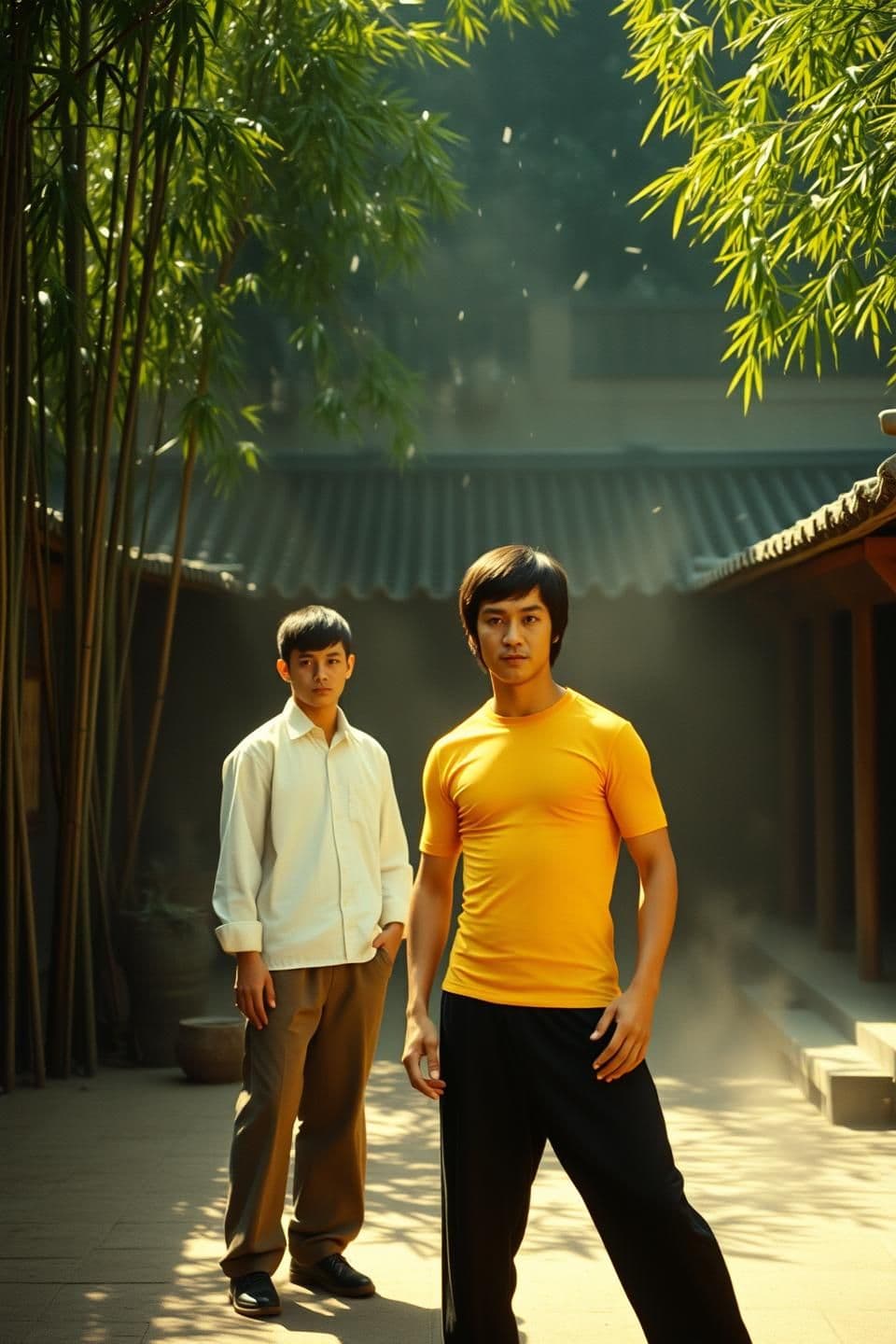 AI generated: Old kung-fu courtyard with bamboo trees, warm sunlight, dust particles in air. Bruce Lee wearing yellow training top and black kung-fu pants stands calmly. A young student in white