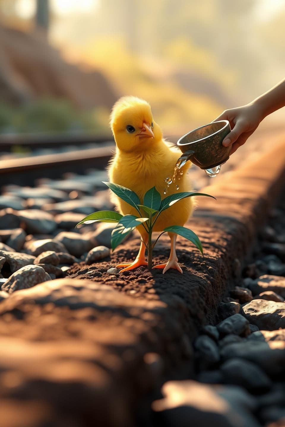 AI generated: “Yellow chick planting a tiny mango sapling beside railway track, soft sunlight, 3D ultra-realistic textures, detailed railway stones, warm color palette, Unreal Engine look.”
“Yel