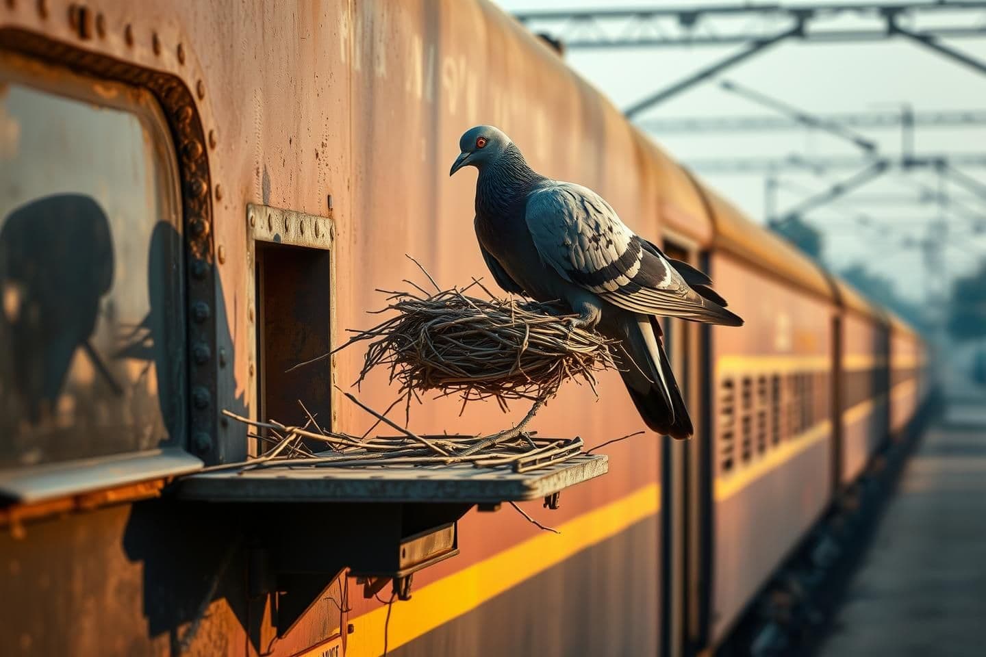AI generated: “Cinematic ultra-realistic scene at a quiet rural Indian railway station. A large grey pigeon (same character) is sitting on top of a stationary old train engine, building a nest u