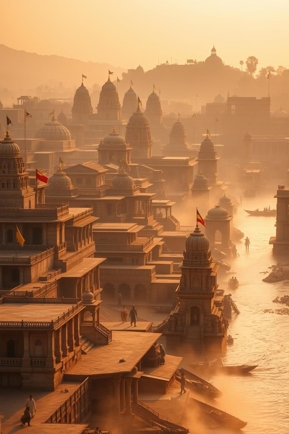 AI generated: ancient Indian city Ayodhya on Earth, ultra realistic, sunrise over river Sarayu, earthy colors, real buildings, temples with flags, people walking, dust in air, cinematic depth of