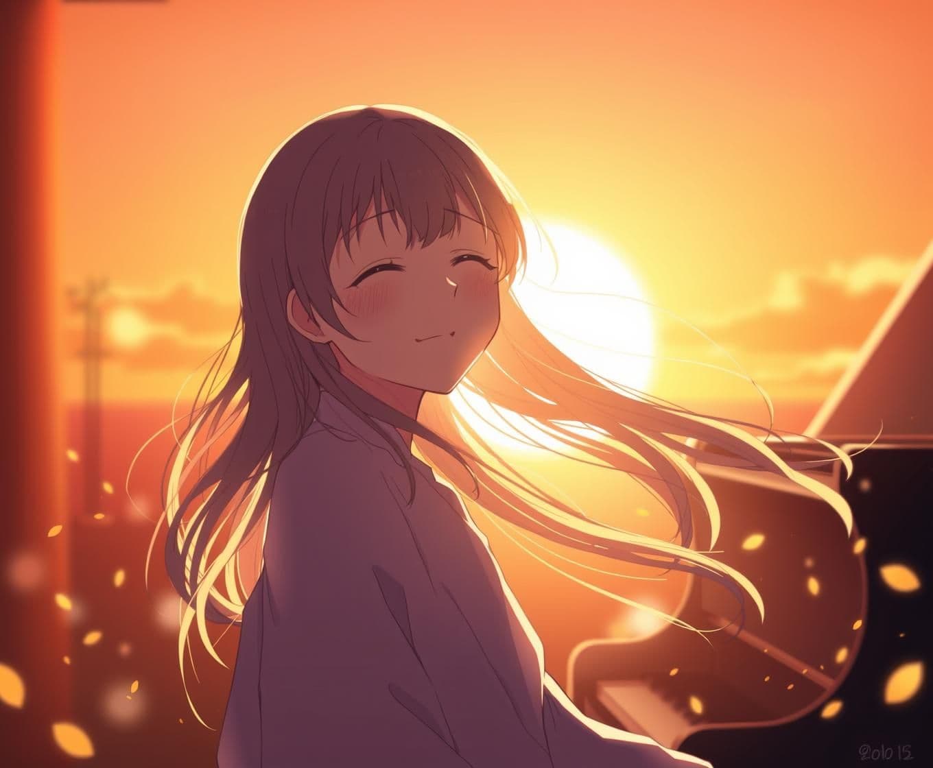 AI generated:
### 🖼️ Frame 5 – Soft Smile (0:31–0:36)
> *Medium shot: she smiles gently with eyes half-closed. Hair floats softly; faint light particles drift upward. Background is blurred