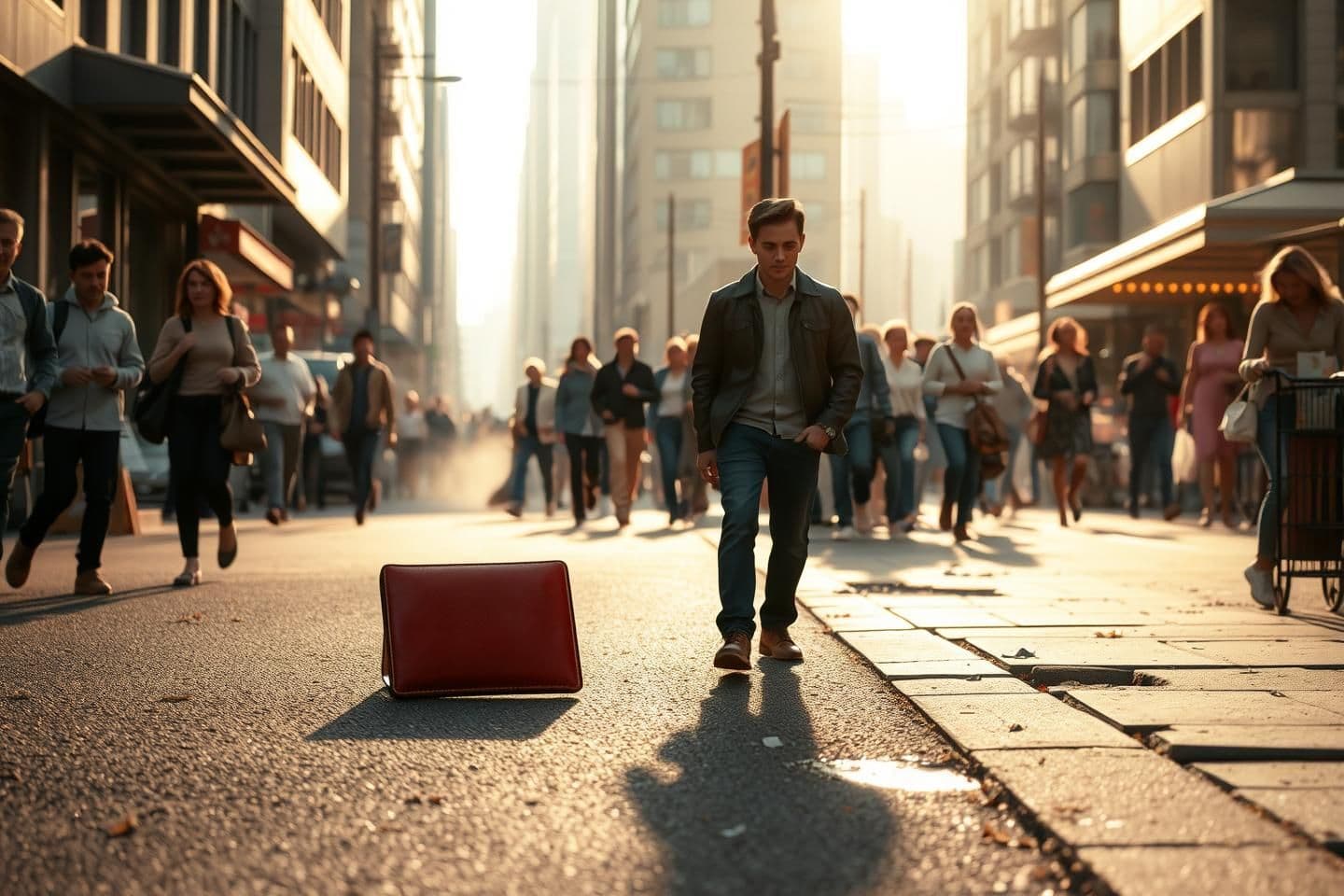 AI generated: Scene: Same busy urban street, few seconds after wallet is revealed. Morning sunlight, bustling with pedestrians and passing vehicles. Slight tension builds as one individual notic