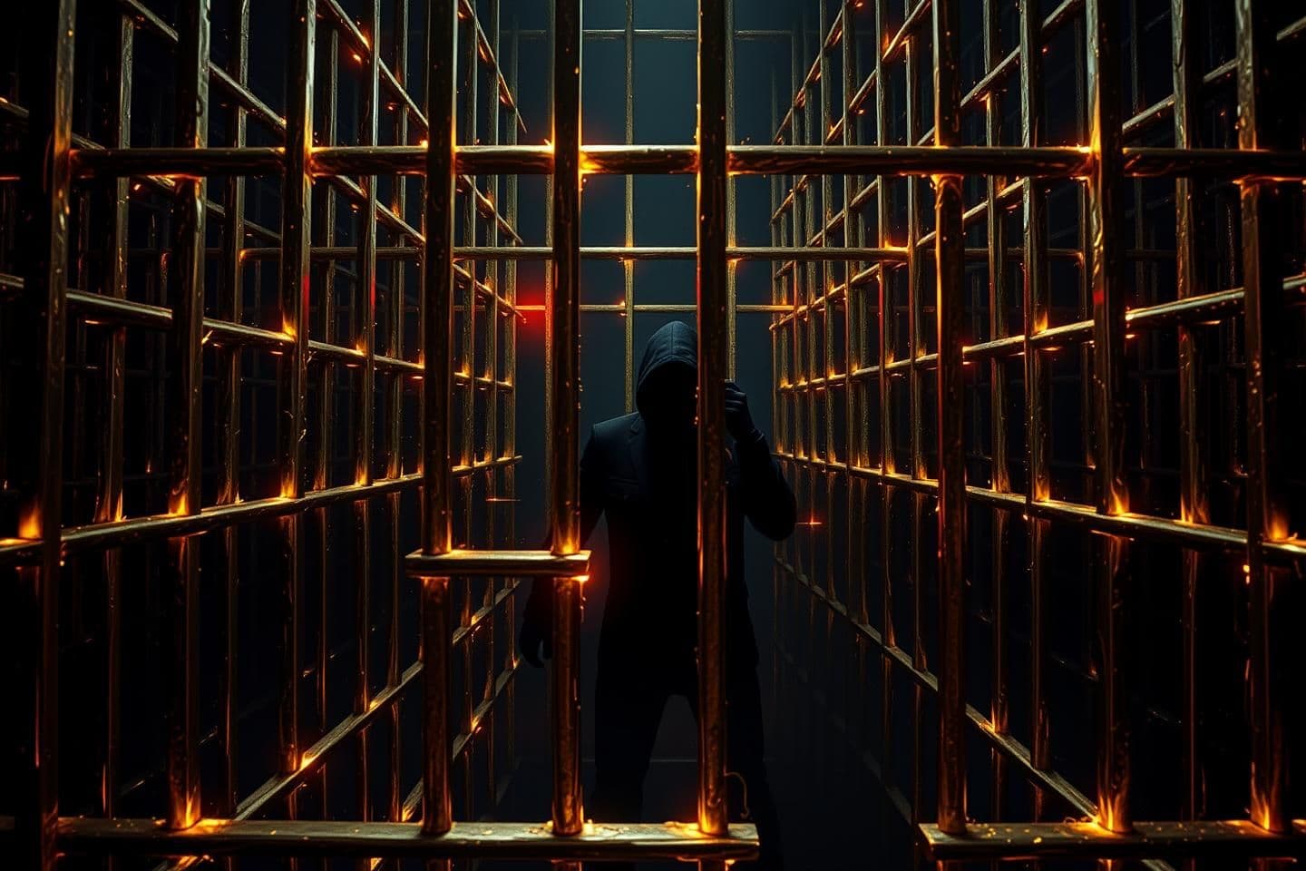 AI generated: A dark, cinematic illustration of a human figure trapped inside a giant maze made of glowing golden bars, intense shadows, dramatic lighting highlighting fear and tension, subtle r