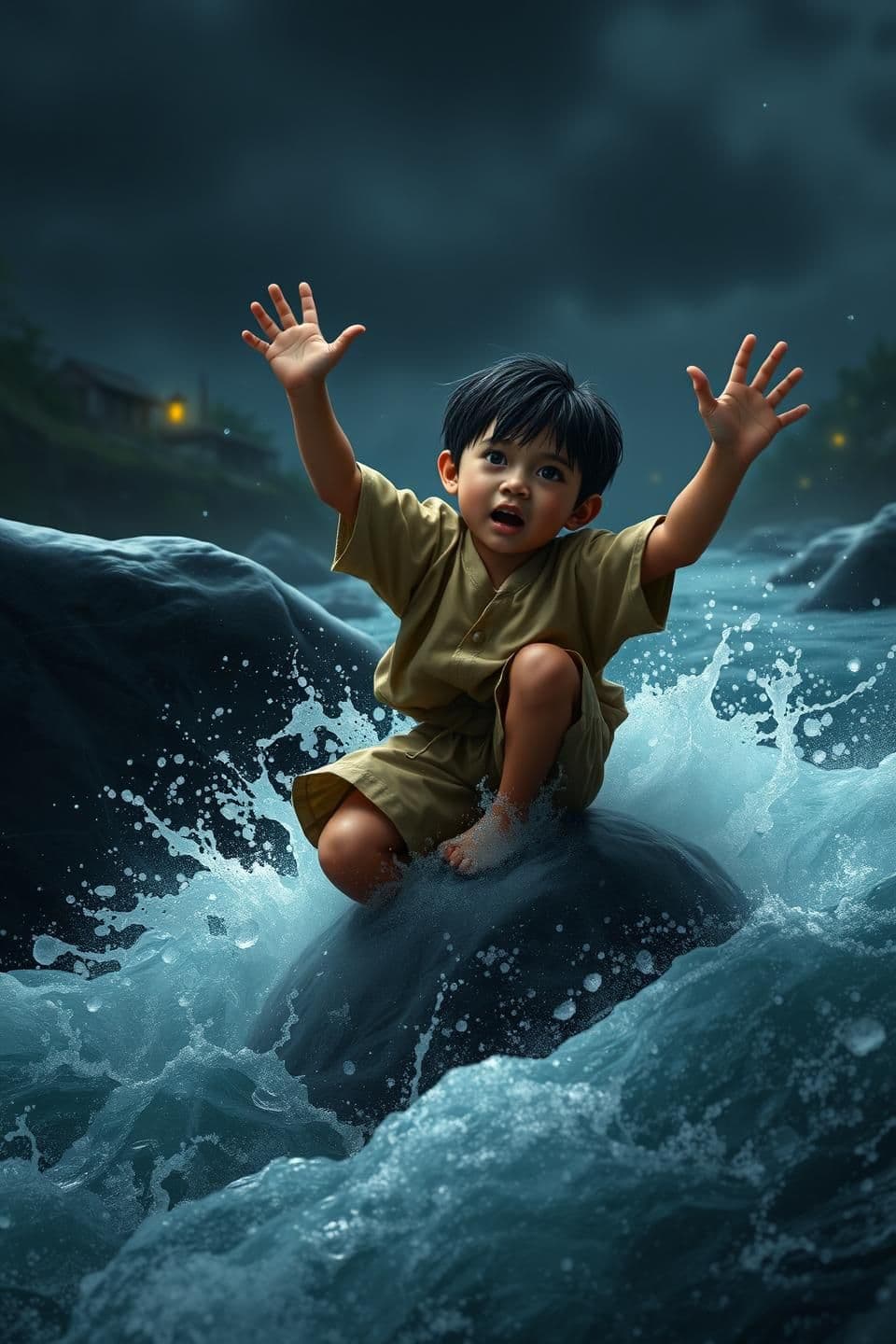 AI generated: A small 6–8-year-old village boy with wet black hair, simple beige shirt and half pants, slips on a wet rock and falls into the fast-flowing dark river. His arms flail in panic as